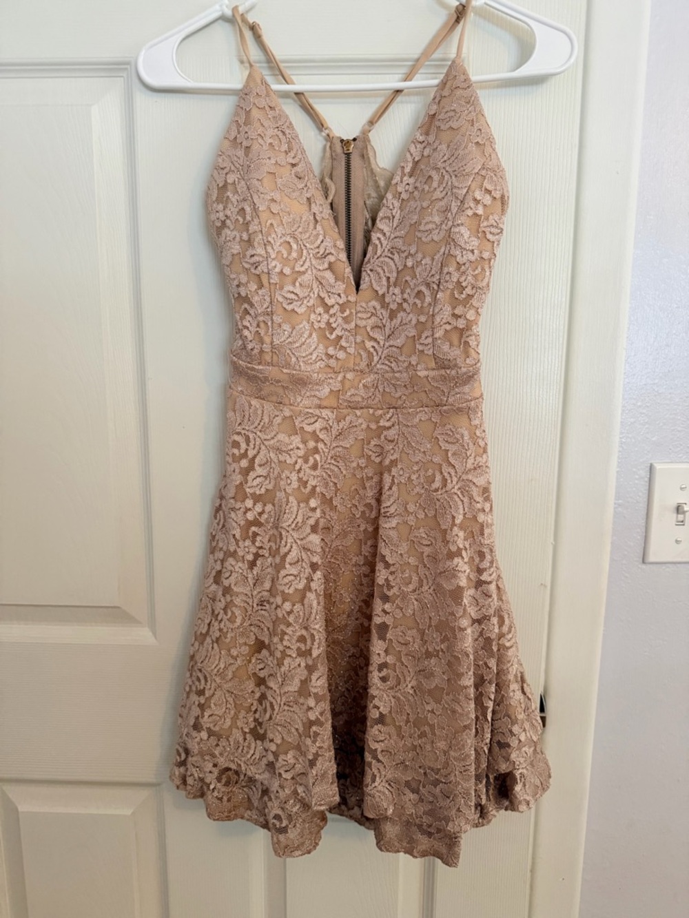 Emerald Sundae Lace A-Line Spaghetti Strap Mini Dress in Blush Pink